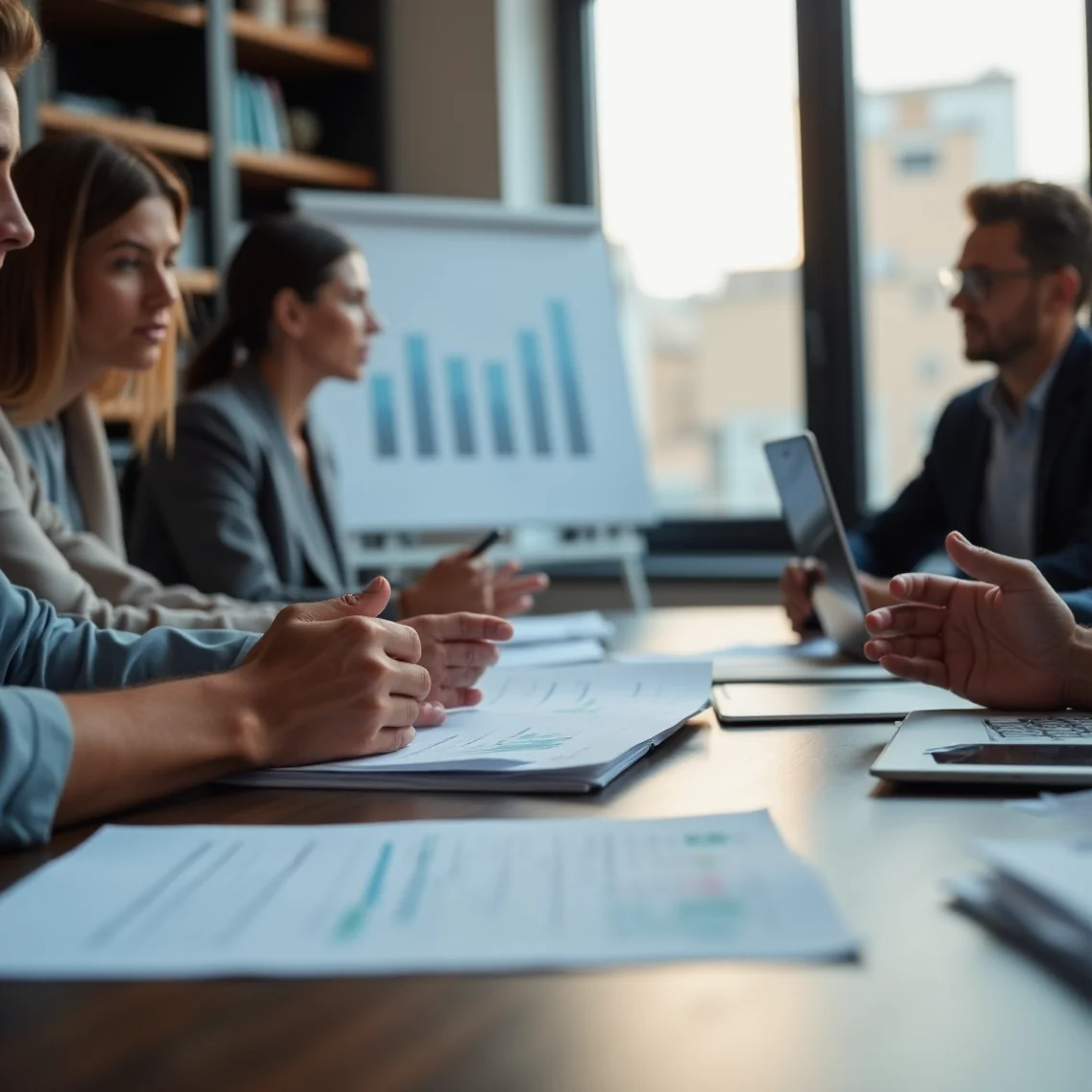 Economistas y oficiales analizan gráficos de crecimiento económico en una oficina moderna de Valencia.