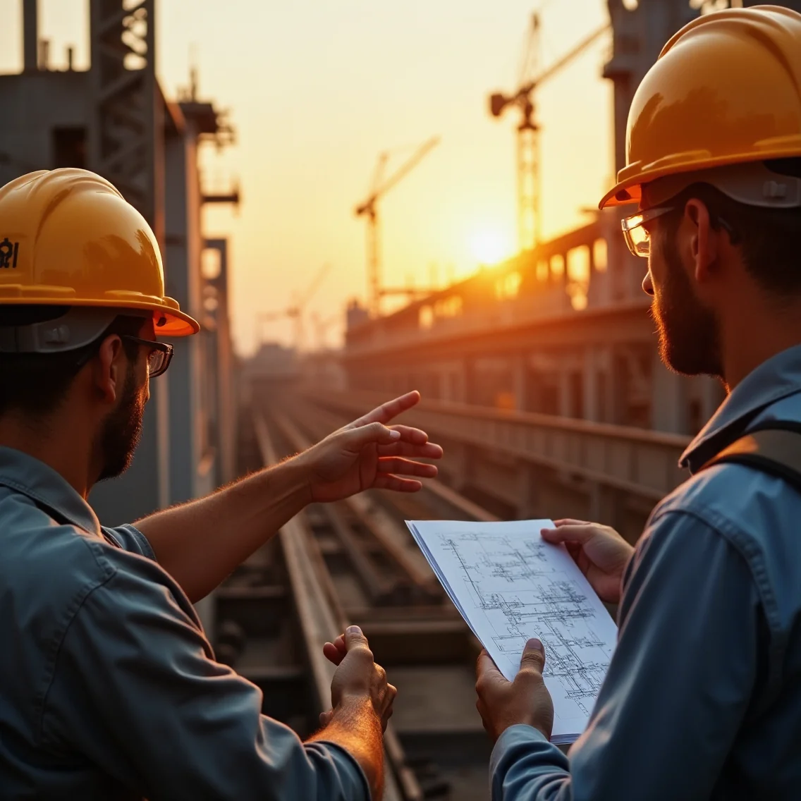 Zona industrial en construcción bajo luz dorada, trabajadores inspeccionan maquinaria con planos de diseño, símbolo de...