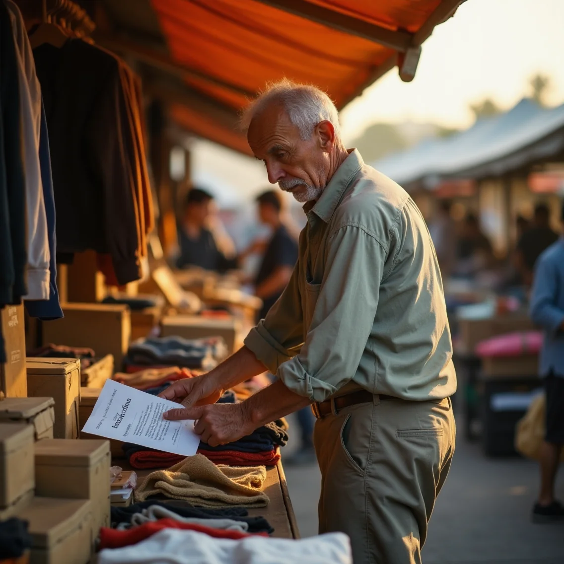Vendedor de ropa vintage en mercado de segunda mano, bajo luz dorada, con notificación aduanera y cajas de envío,...