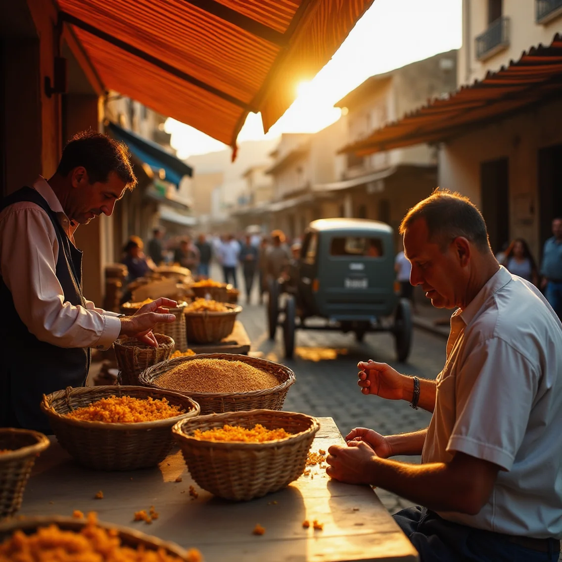Mercado de Castilla y León al atardecer: agricultores y emprendedores intercambian productos tradicionales y negocios...
