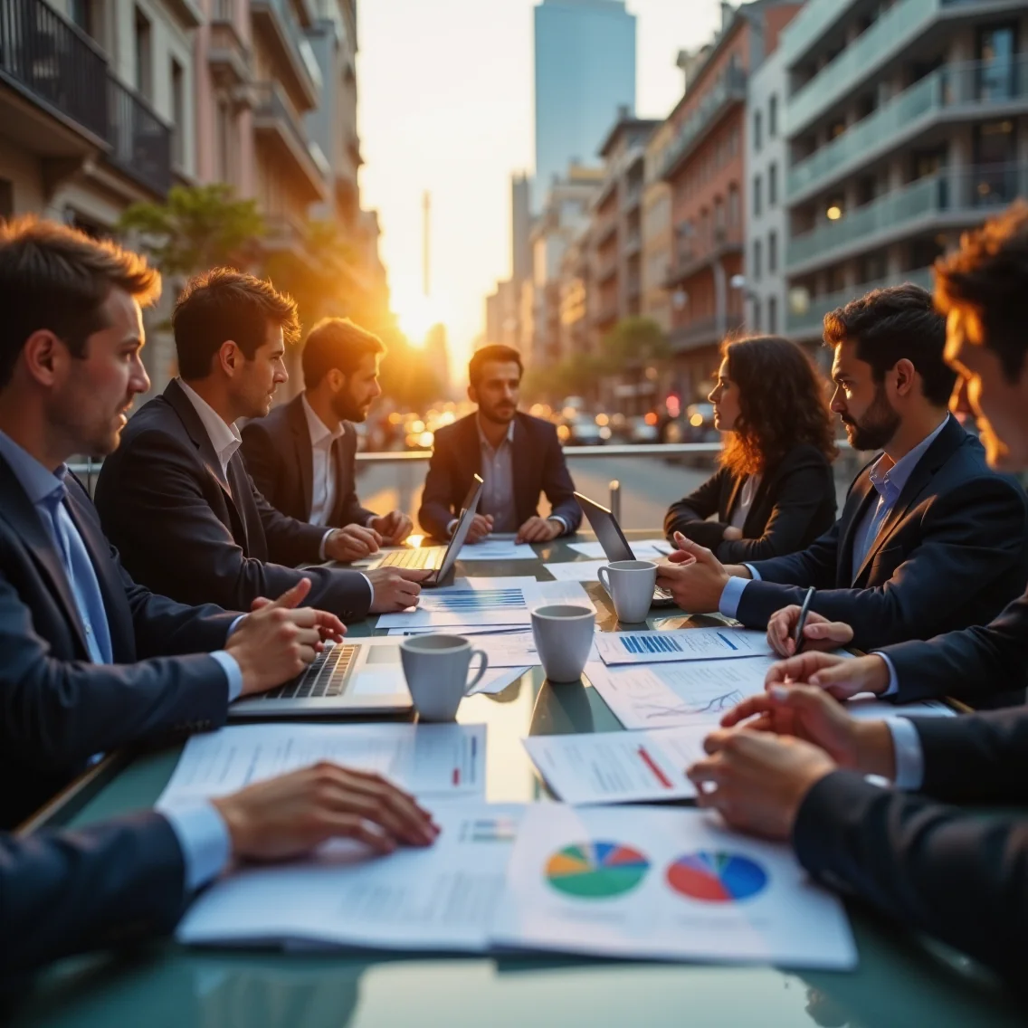 Madrids financial district at dawn: economists, bankers, and entrepreneurs review vibrant economic charts and reports,...