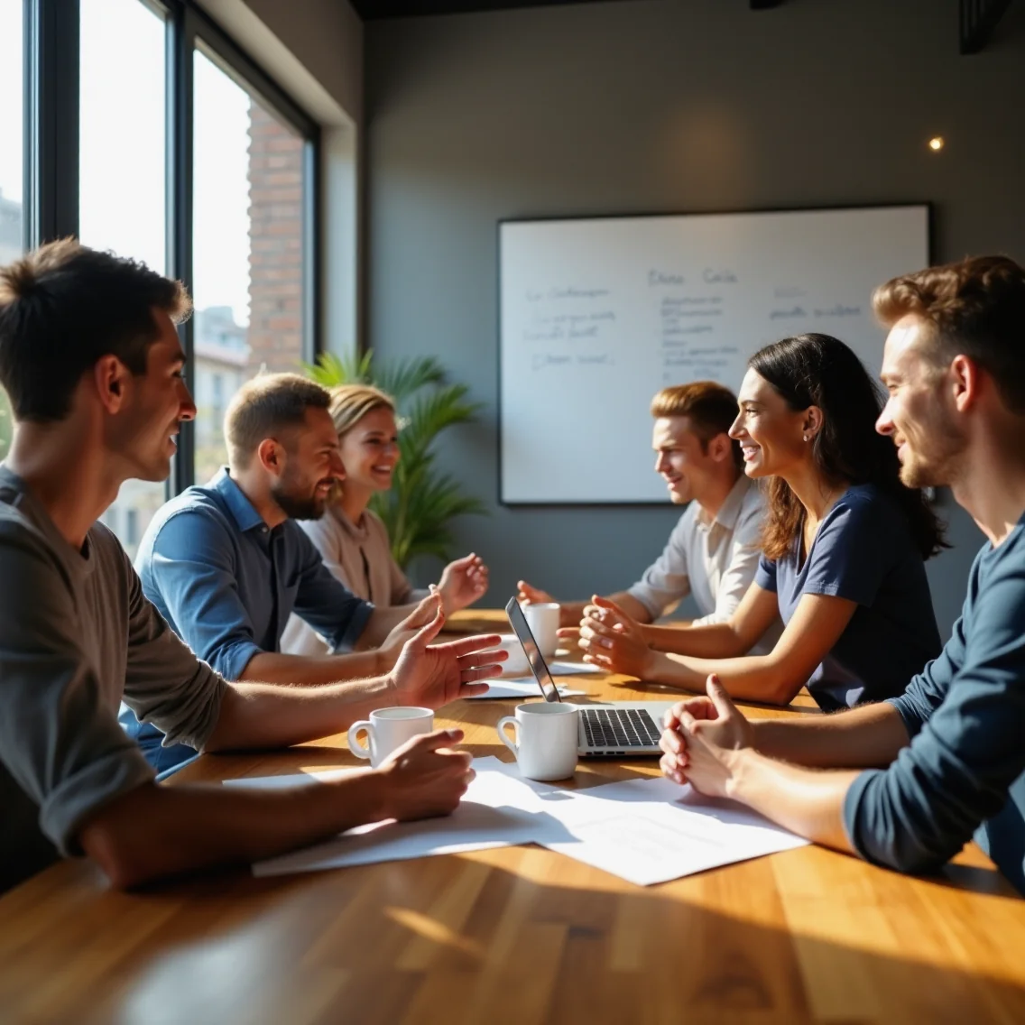 Co-working space en Murcia con emprendedores y mentores colaborando en mesas modernas, pizarras con planes de negocio y...