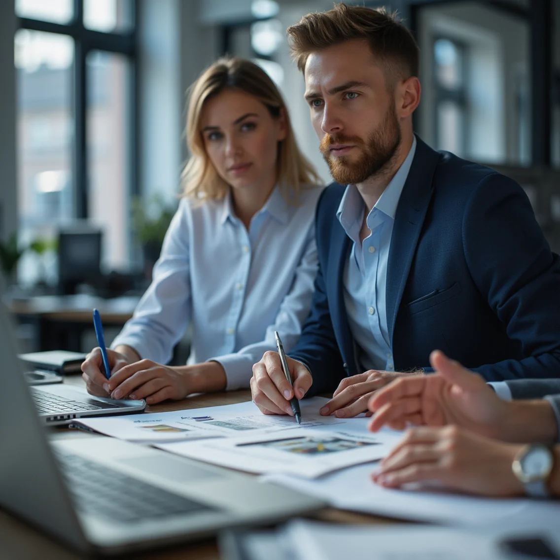 Diversos economistas, líderes empresariales y funcionarios revisan un gráfico que muestra el 20% del PIB de España en una...