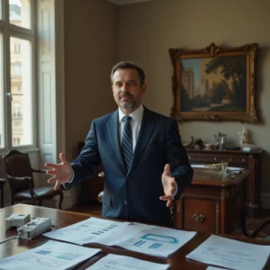 Funcionario español en la oficina del Primer Ministro de España en Moncloa, rodeado de mapas y documentos sobre políticas...