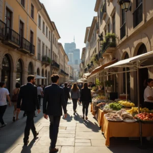 Calle principal de Vigo bajo luz dorada: profesionales, cafetería, mercado y edificios históricos reflejan crecimiento...