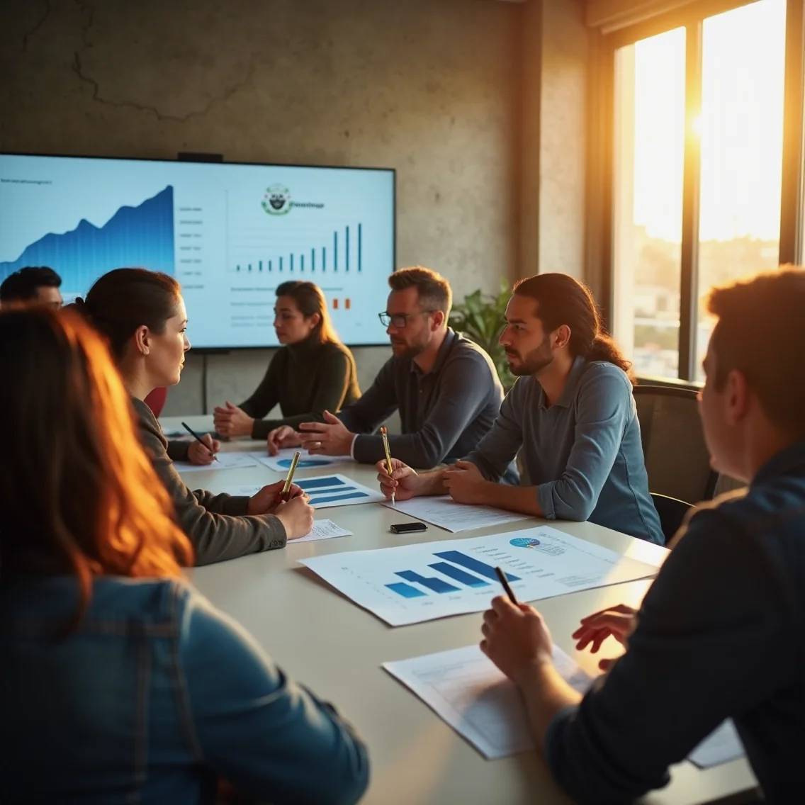 Trabajadores y funcionarios en un taller bilingüe de empleo en Mérida, Extremadura, con gráficos de crecimiento económico...