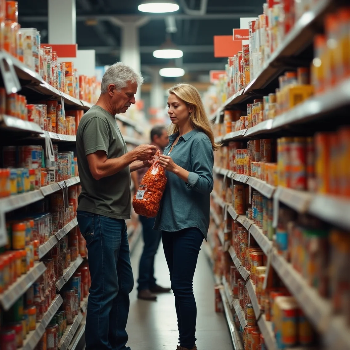 Supermercado español con pareja comparando precios, bolsa de snacks descuentos y billete arrugado bajo oferta limitada,...