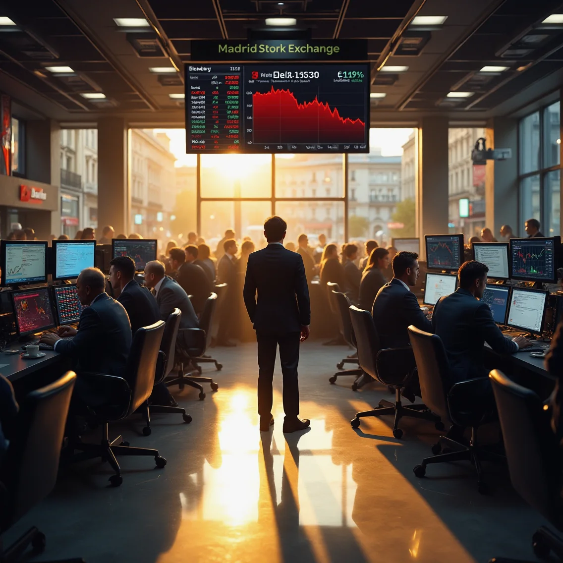 Traders en Madrid analizan caída del Ibex 35 en pantallas Bloomberg, con luces frías y tensión en el suelo de mármol.