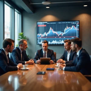 Inversores españoles analizan informes de crédito en Madrid, con pantallas de datos financieros volátiles y alertas de...