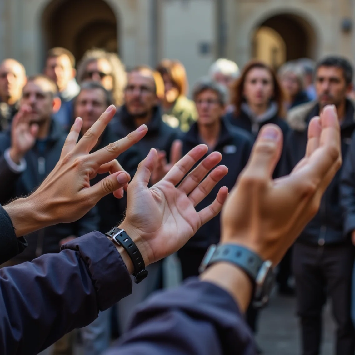 Multitud en plaza de Oviedo discutiendo justicia tributaria con carteles No Más Desigualdad y murales de herencia asturiana.