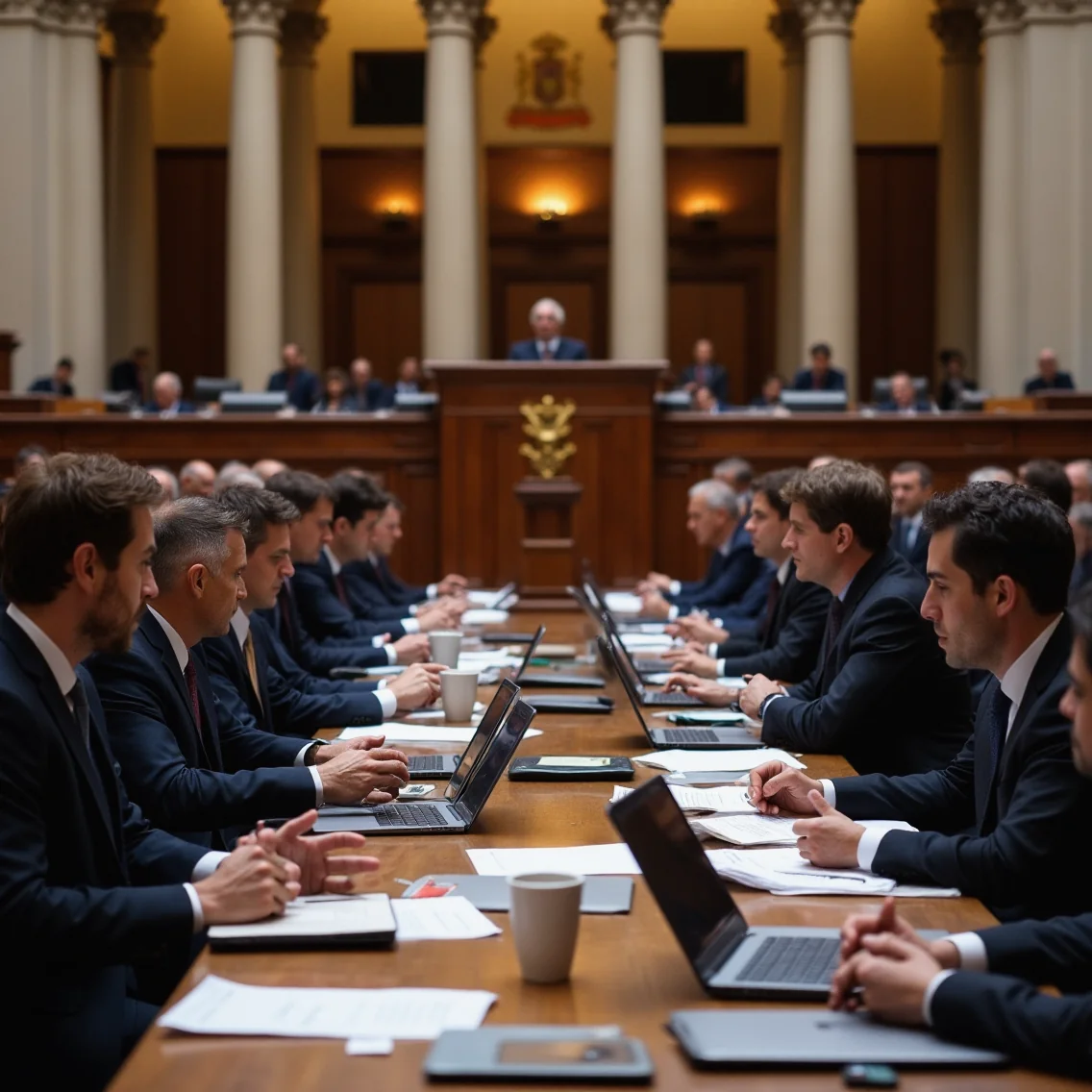 Legisladores en el Parlamento de Madrid discuten reformas de alquiler con documentos legales y un cartel BOE en fondo