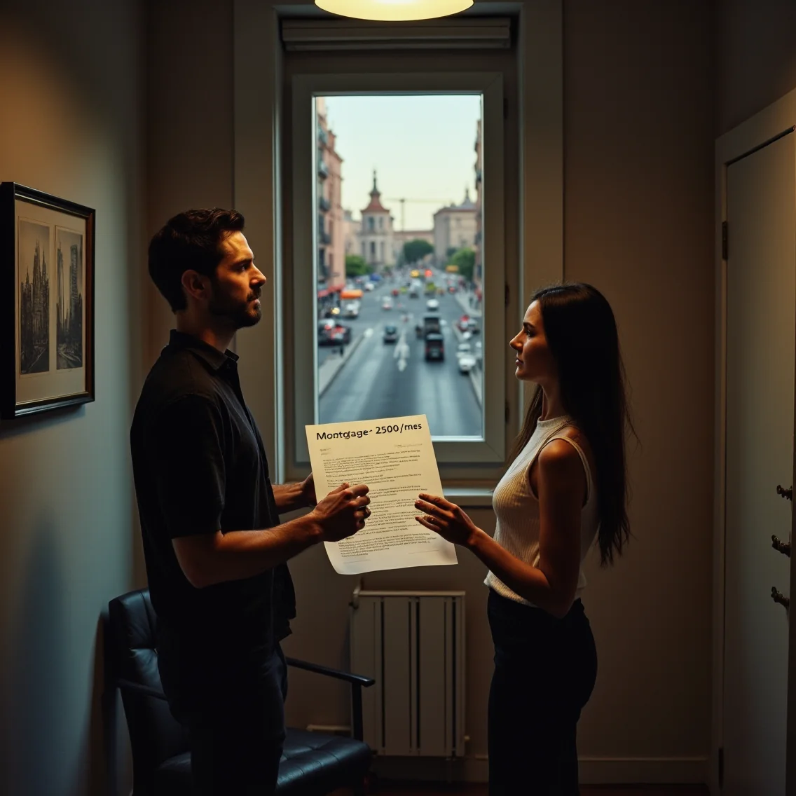 Una pareja en su 30s en Madrid, en un apartamento pequeño con un documento hipotecario de 2.500 €/mes, frente a una foto...