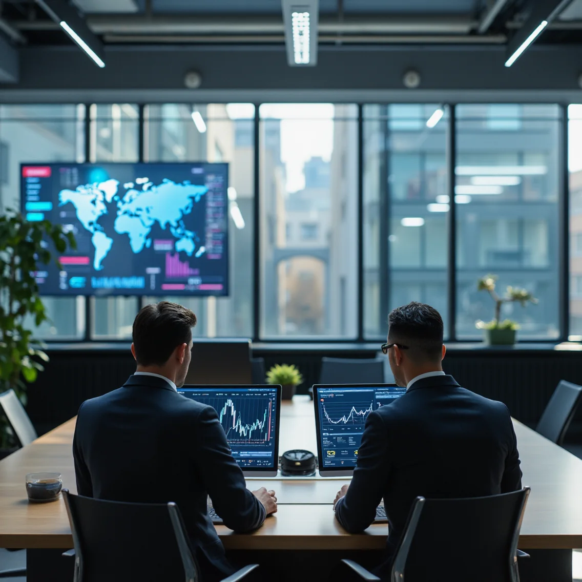 Oficina moderna de AEAT en Madrid con funcionarios revisando pantallas de criptomonedas y registros inmobiliarios,...