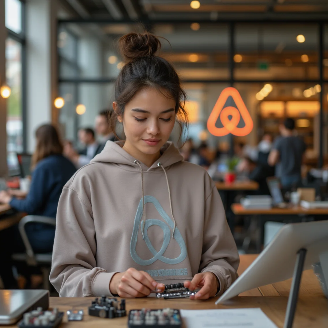 Oficina de Airbnb en San Francisco: profesional revisa datos de mercado, logo en vidrio, trader analiza gráficos de...