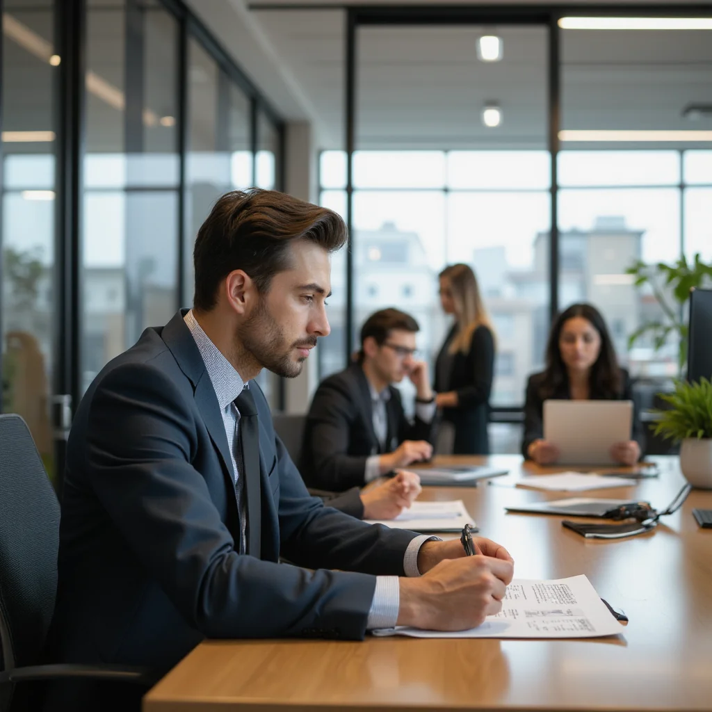Modern office with Spanish executive reviewing mortgage contracts, surrounded by property listings and financial charts,...