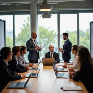Profesionales en un moderno centro de innovación energética discuten sistemas fotovoltaicos y almacenamiento con...