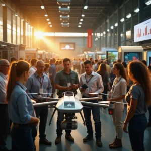 Expo de tecnología agrícola bajo luz dorada: agricultores y ingenieros examinan un dron de riego solar, con paneles...