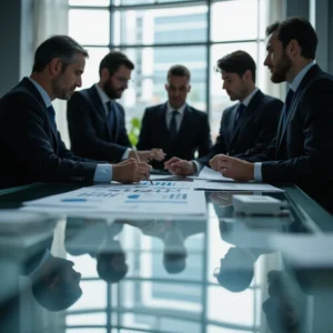 Equipo de economistas en ministerio de finanzas revisando datos de emisión de bonos de deuda pública 2023 en monitor