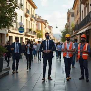 Tasa de desempleo en Torrejón de Ardoz alcanza mínimos históricos en septiembre Bustling town square in Torrejón de Ardoz with professionals, entrepreneurs, and workers, reflecting the areas economic...