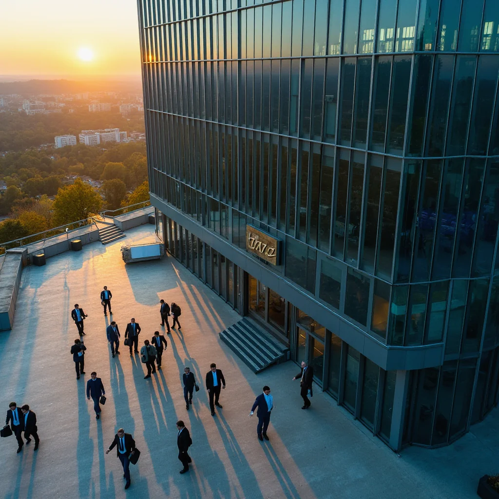Aerial view of the European Central Banks headquarters in Frankfurt, economists exiting as the ECB raises interest rates...