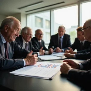 Elderly individuals in a government office discussing a 3.5% pension increase in 2027, with an inflation chart and...