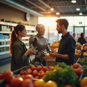 Supermercado del futuro con tecnología avanzada y opciones diversas, mostrando autoservicio holográfico, estanterías...