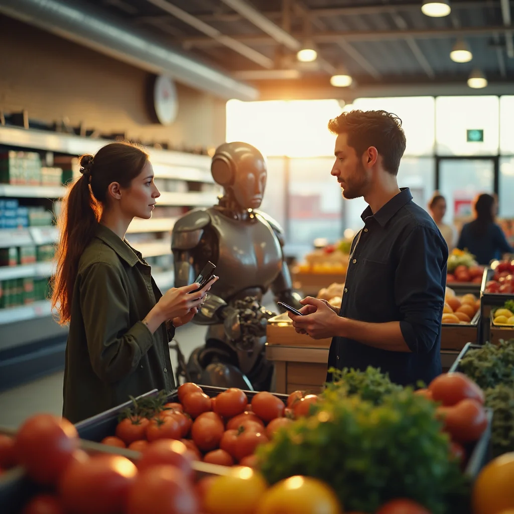 Supermercado del futuro con tecnología avanzada y opciones diversas, mostrando autoservicio holográfico, estanterías...