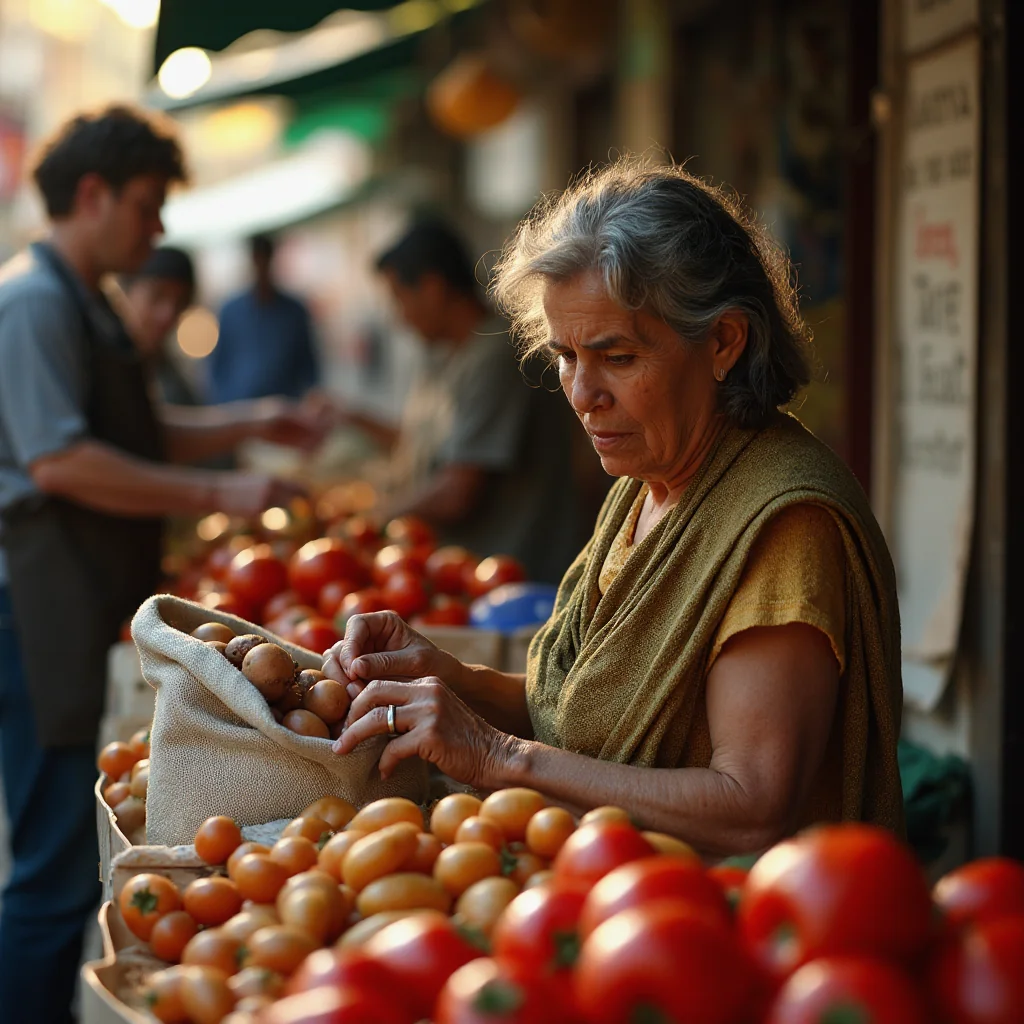 Mercado de Bogotá al atardecer, mujer examina patatas con preocupación, precios escritos a mano, billetes arrugados y...