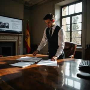 Oficial español revisa documentos en oficina de Madrid, con noticias sobre sanciones de EE.UU. contra la ICC en pantalla...