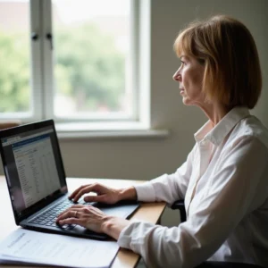 Calculadora del alquiler tras la nueva normativa Mujer de mediana edad demuestra calculadora de alquiler en oficina pública con folleto de vivienda y pantalla de laptop.