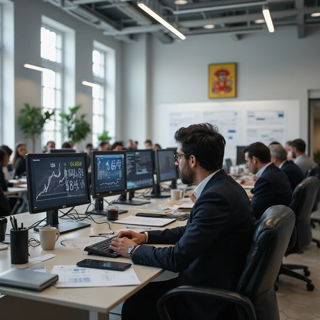 Oficina del Ministerio de Economía de España con funcionarios revisando documentos financieros y una pantalla que muestra...