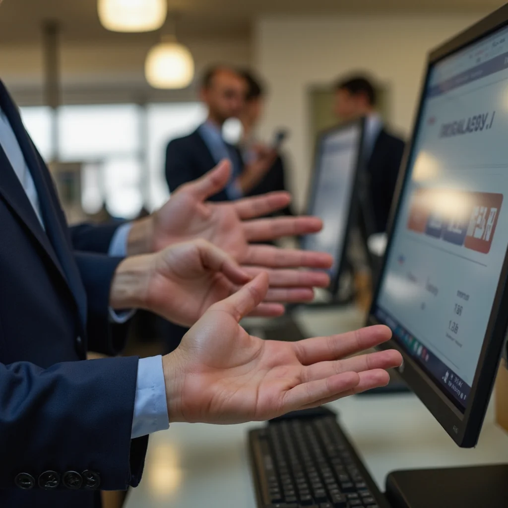Interior de una sucursal bancaria moderna con tres empleados y un cliente consultando hipotecas baratas desde 1.25% TAE,...