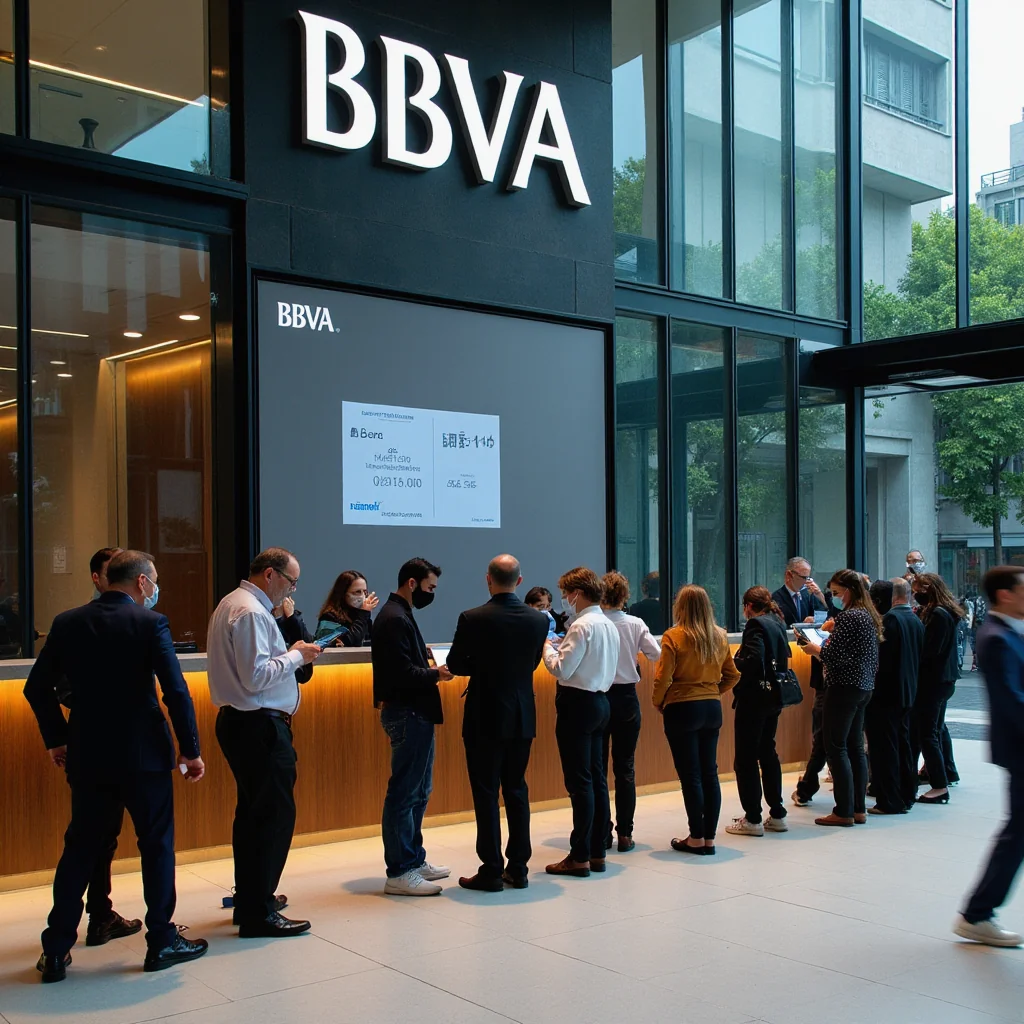 Escena en la sede de BBVA en Madrid con inversores revisando detalles del dividendo en tablets, bajo iluminación dorada y...