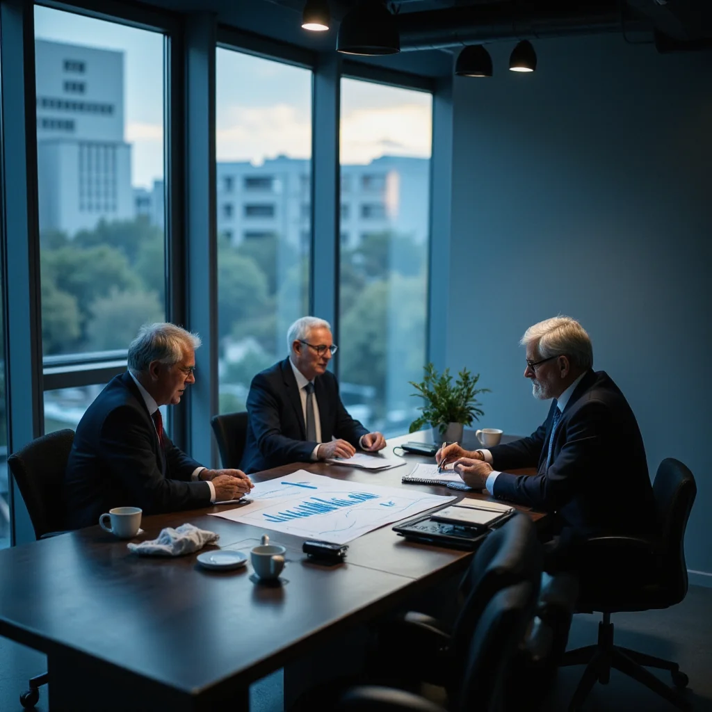 Tres economistas analizan gráfico de deuda pública creciente en oficina gubernamental con luces frías y datos en pantalla.