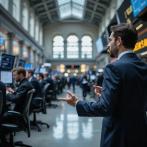 Traders en una bolsa activa analizan datos de Ibex y Europa en tiempo real, con pantallas Bloomberg y ambiente financiero.