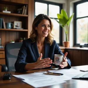 Donación de vivienda para mayores de 65 años sin IRPF Montse Cespedosa, experta en hipotecas, gestiona documentos legales en un moderno despacho, con un café Tax Advisory y...