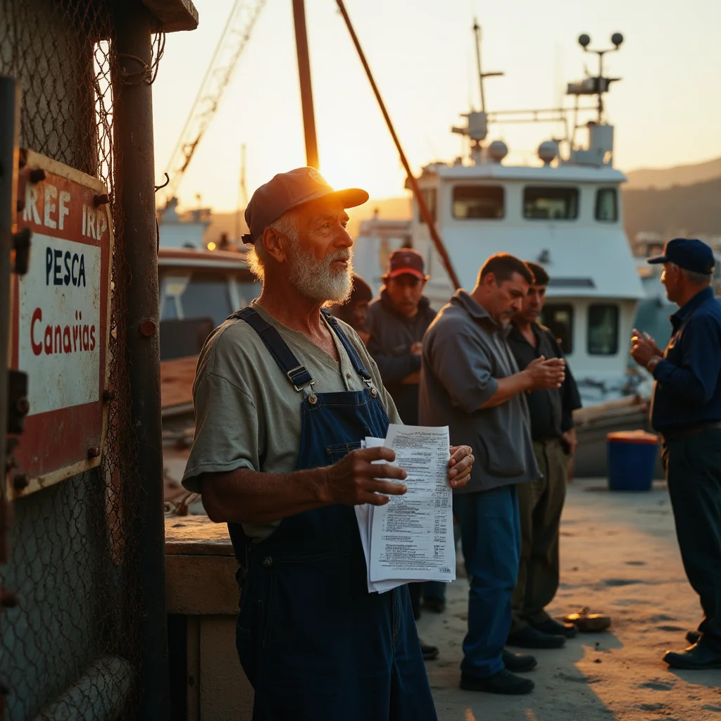 Puerto pesquero de Las Palmas, Canarias, bajo luz dorada: pescador con documento fiscal y comerciantes discuten...