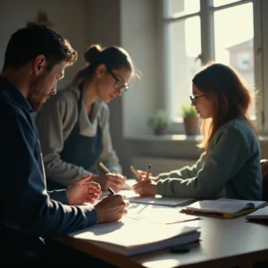 Trabajadores en un entorno laboral iluminado naturalmente, reflejando el anuncio del FMI sobre el crecimiento económico...
