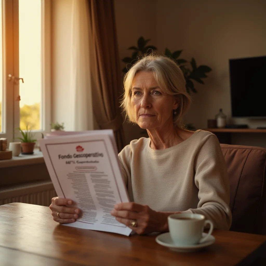 Mujer de mediana edad examina brochure Fondo Gescooperativo 567% Garantizado en sala con luz dorada, libro de finanzas y...