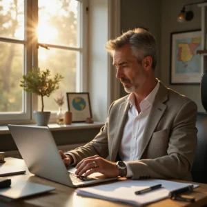 Guía completa sobre la información económica, empresas españolas y su impacto en el entorno internacional Profesional en traje neutro revisa datos financieros en laptop, con etiquetas Balance, Riesgo y Registro Mercantil en...
