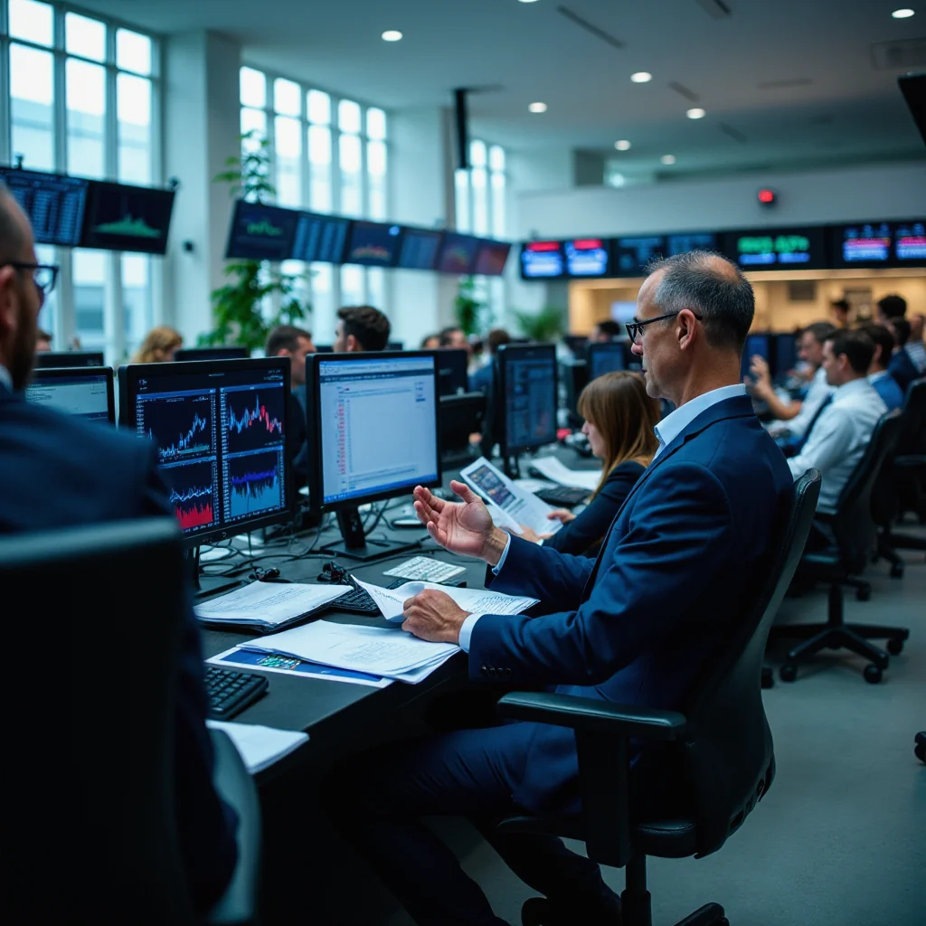 Traders en la Bolsa Española analizan informes financieros y pantallas de índices bursátiles en un ambiente de alta...