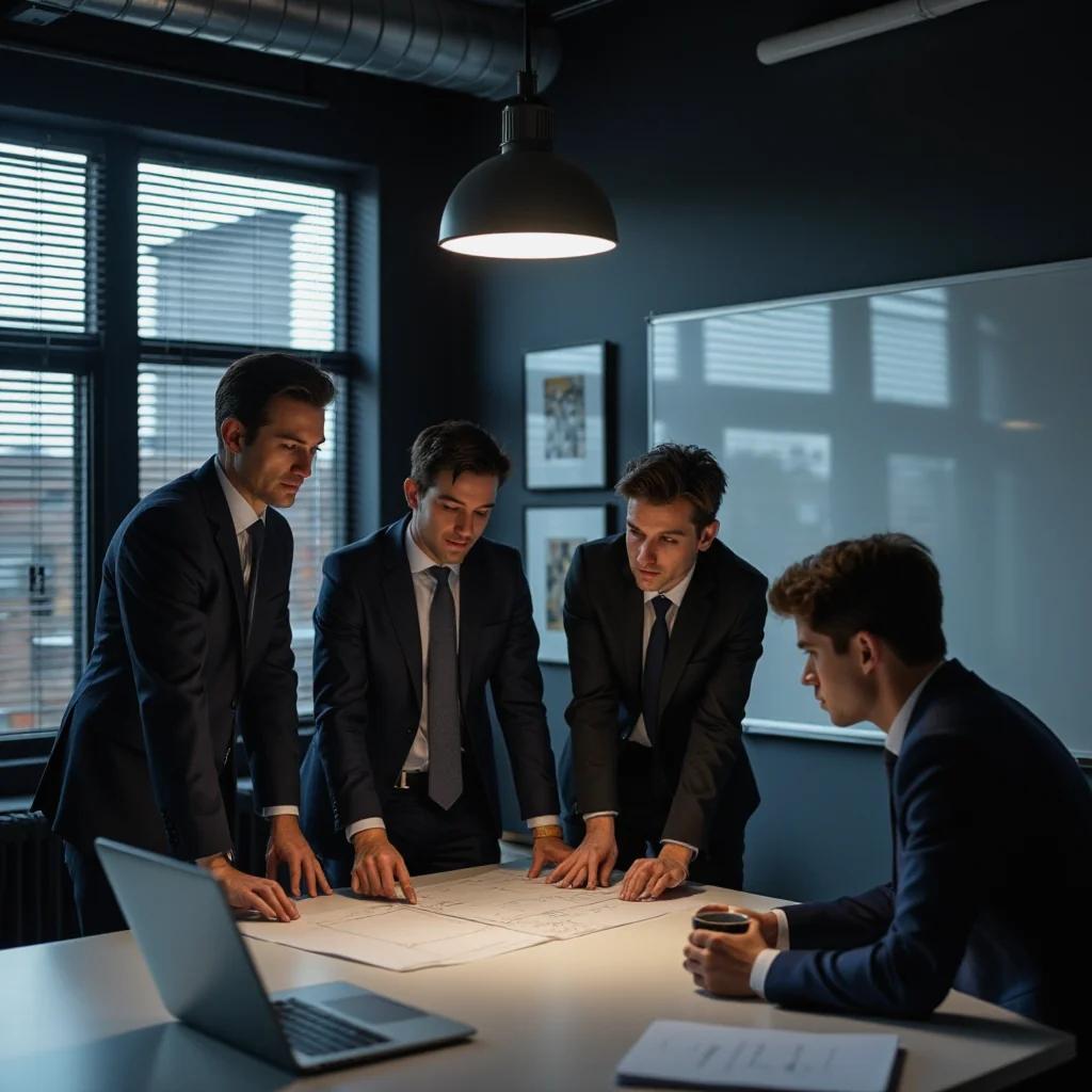 Profesionales de inmobiliarias analizan caída del 22% en inventario de alquileres, con tablero de bottlenecks y letrero...
