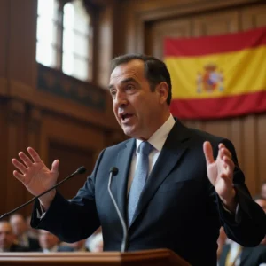 Alberto Nadal, del Partido Popular, habla sobre el Sistema Público de Pensiones en una sala gubernamental con un cartel...