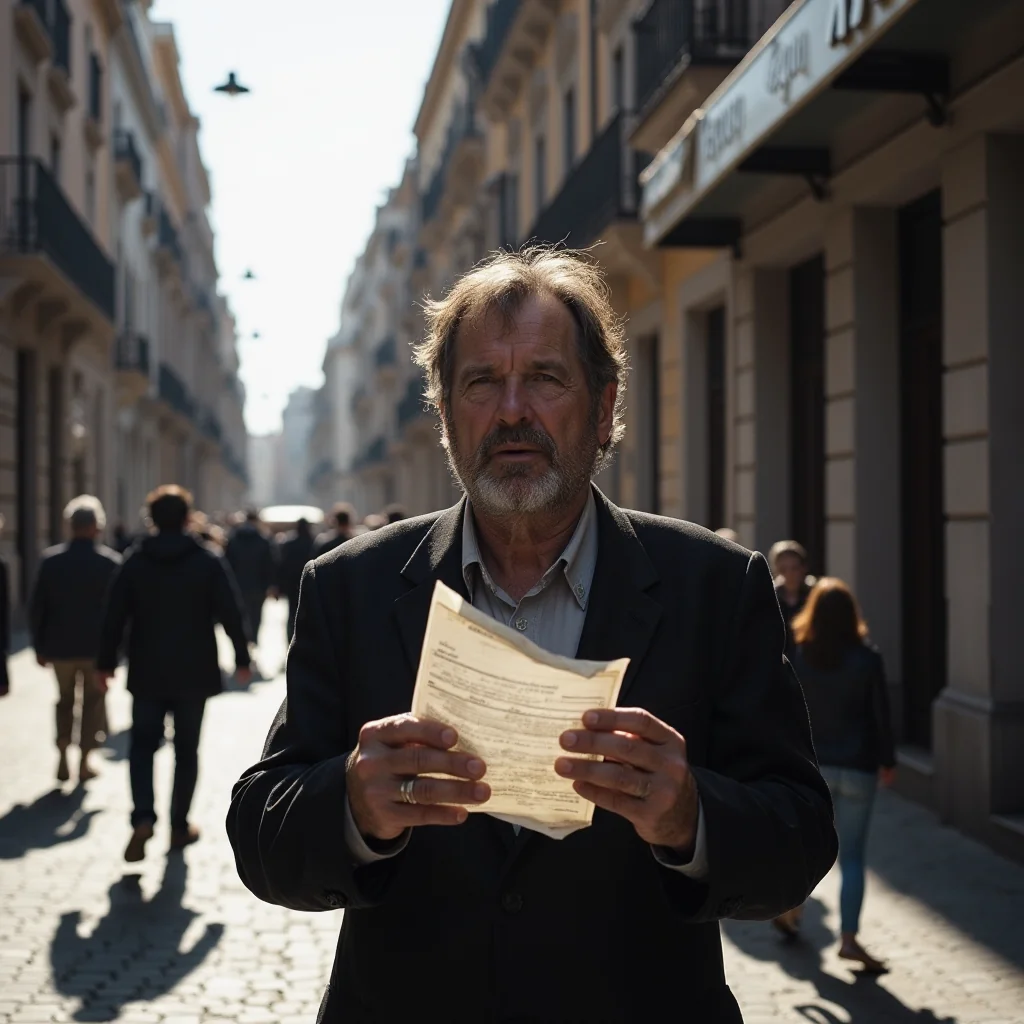 Madrid, 2026: hombre desesperado con solicitud de empleo frente a oficina de desempleo, protestas contra la inflación y...