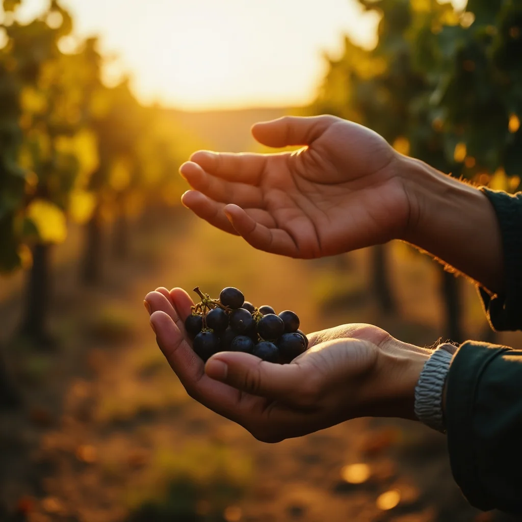 Trabajadores de viñedos en Castilla-La Mancha recogen uvas al atardecer bajo la luz dorada de los árboles de roble.