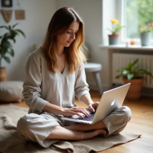 Guía completa sobre fondos de pantalla HD gratuitos: ¿cómo elegir, usar y aprovechar al máximo? Una joven en un estudio nórdico mira imágenes de paisajes europeos en su laptop, iluminado por luz natural y con una...