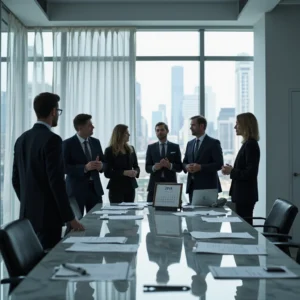 Interior de oficina corporativa con profesionales alrededor de una mesa con documentos fiscales y calendario 2019–2024,...