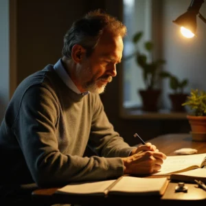 Estudio tranquilo con hombre analizando datos en tiempo real del IBEX 35, rodeado de libros de Keynes y gráficos económicos.