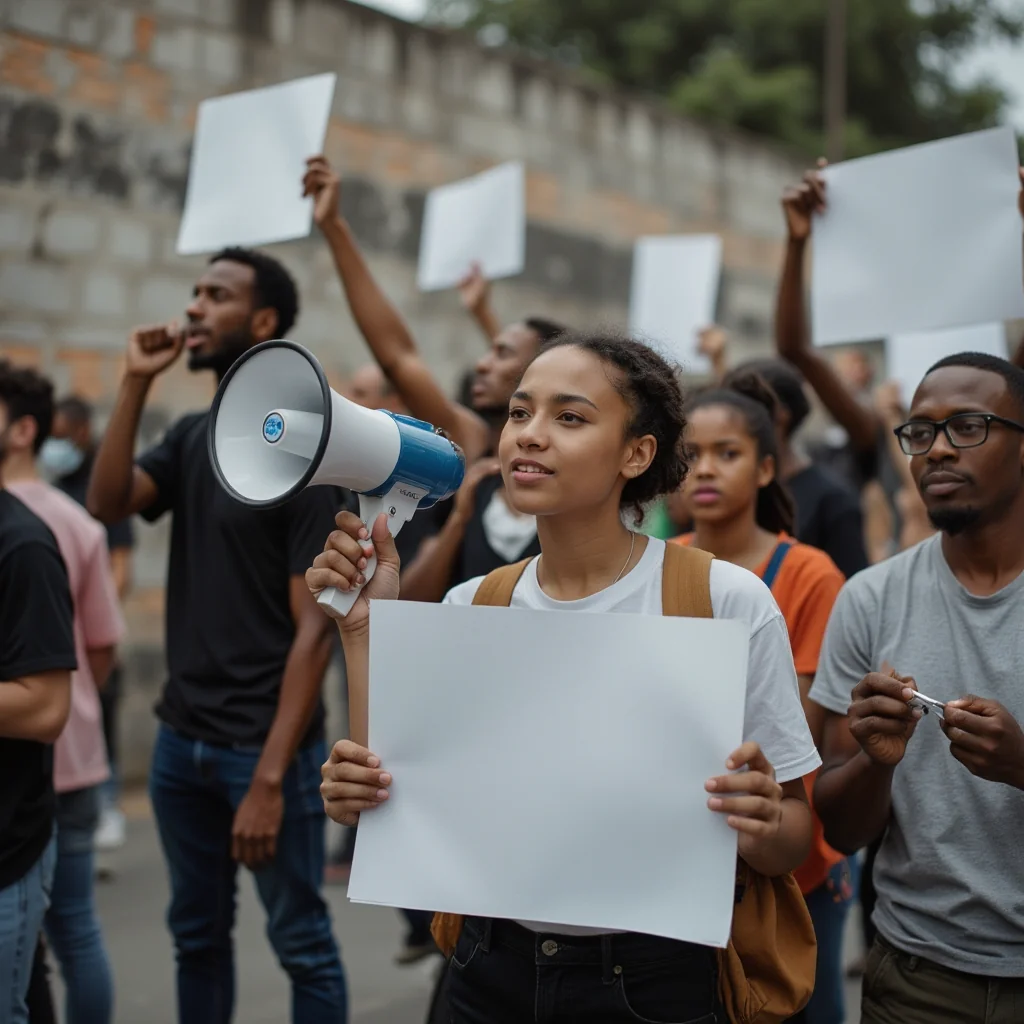 Activistas y líderes comunitarios protestan en una plaza contra el impacto social y ambiental del acuerdo del FMI, con...