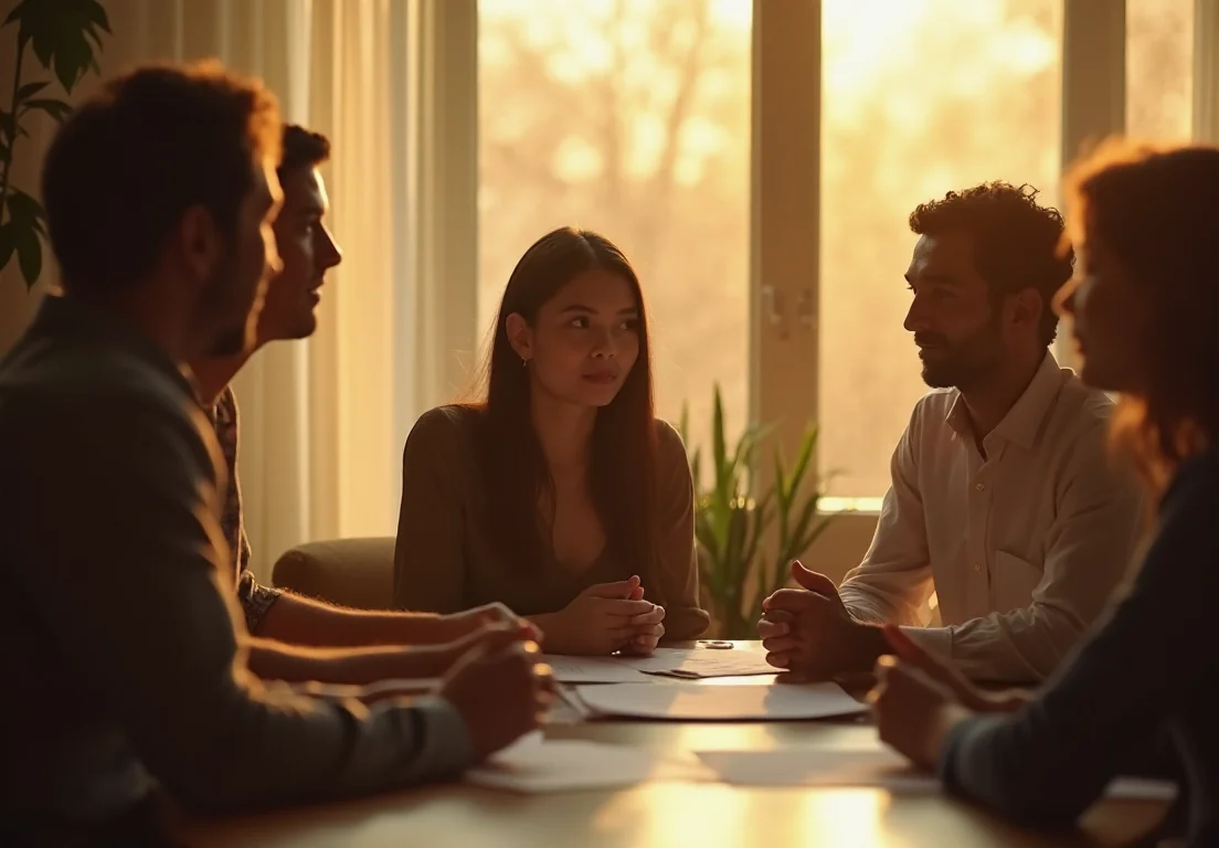 Explicación de regulación financiera internacional con personas reales en un entorno cálido y auténtico